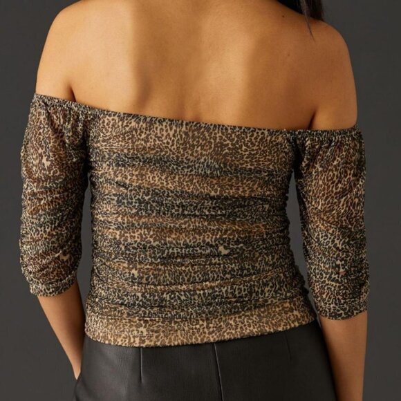 By Anthropologie Shirred Mesh Neutral Motif Top - Picture 2 of 9